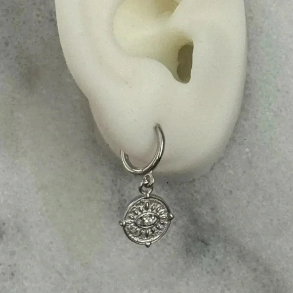 Sterling Silver Evil Eye Coin Crystal Earrings Brand New - Picture 3 of 4